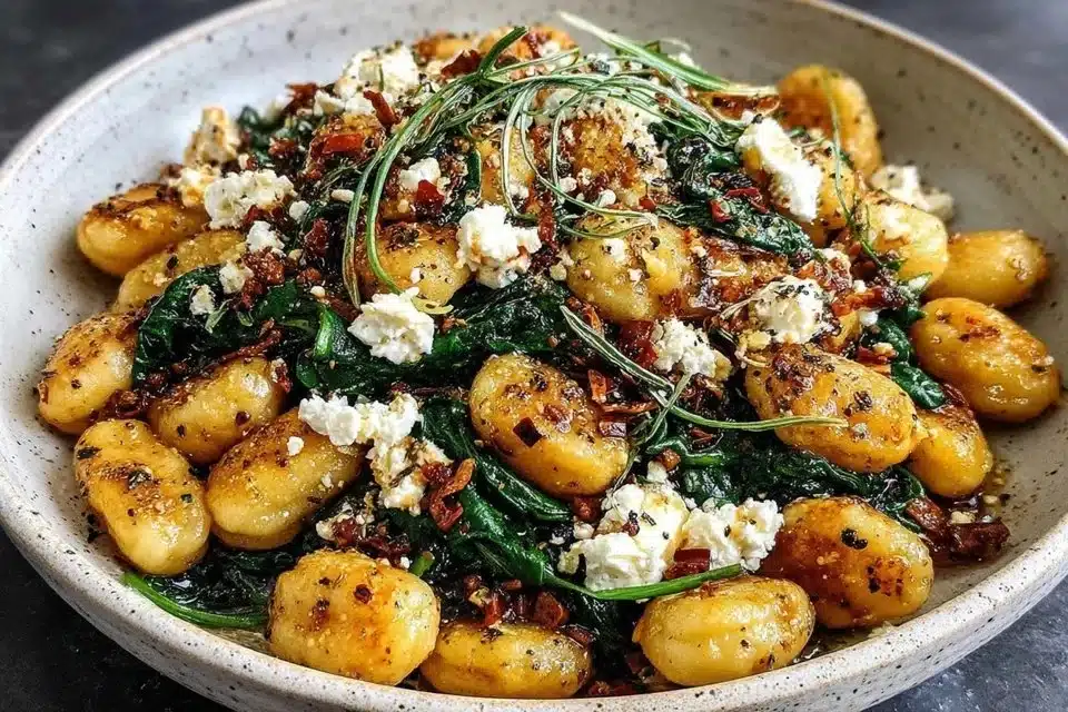 Creamy gnocchi dish with spinach and feta served in a bowl