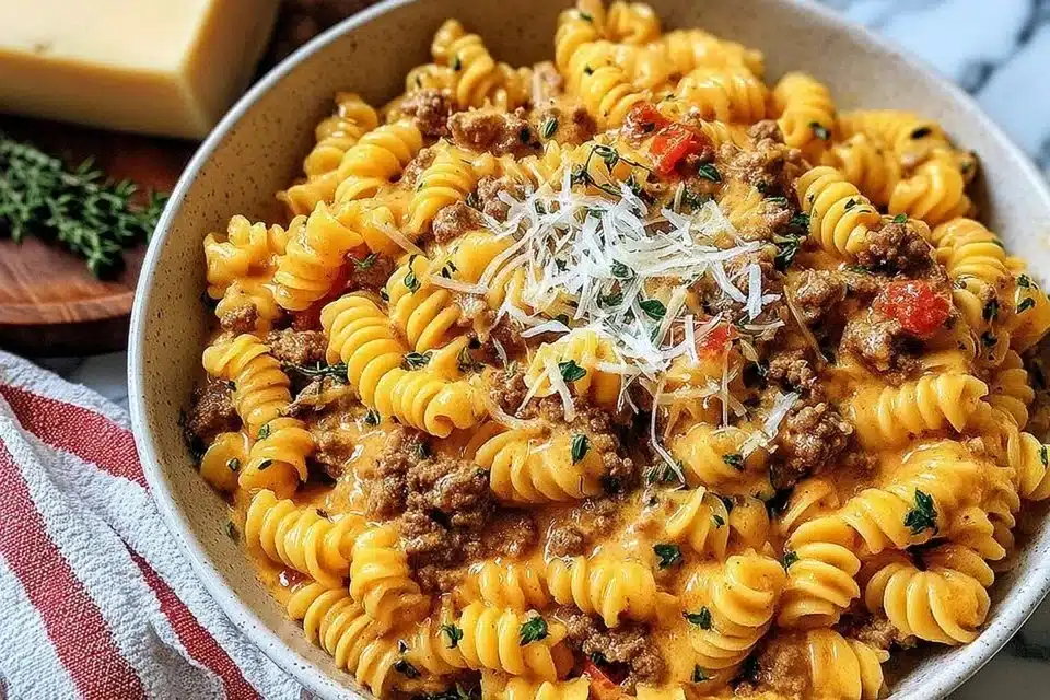 Creamy high protein beef pasta dish garnished with parsley