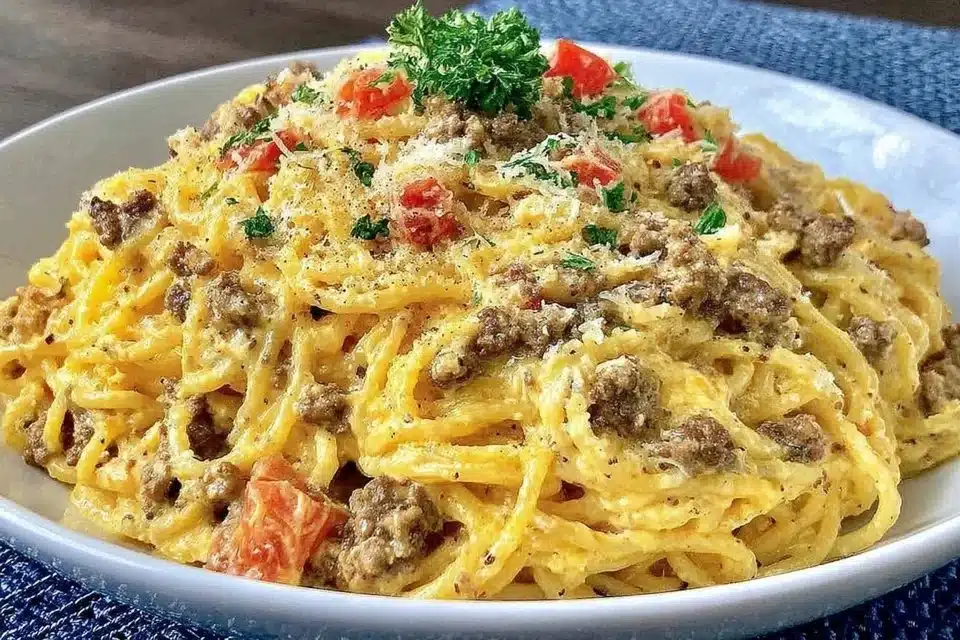Creamy Italian spaghetti with ground beef in a one pot meal