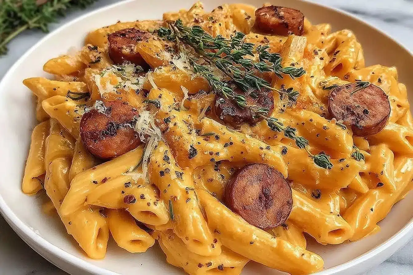 Creamy smoked sausage pasta in a bowl garnished with parsley