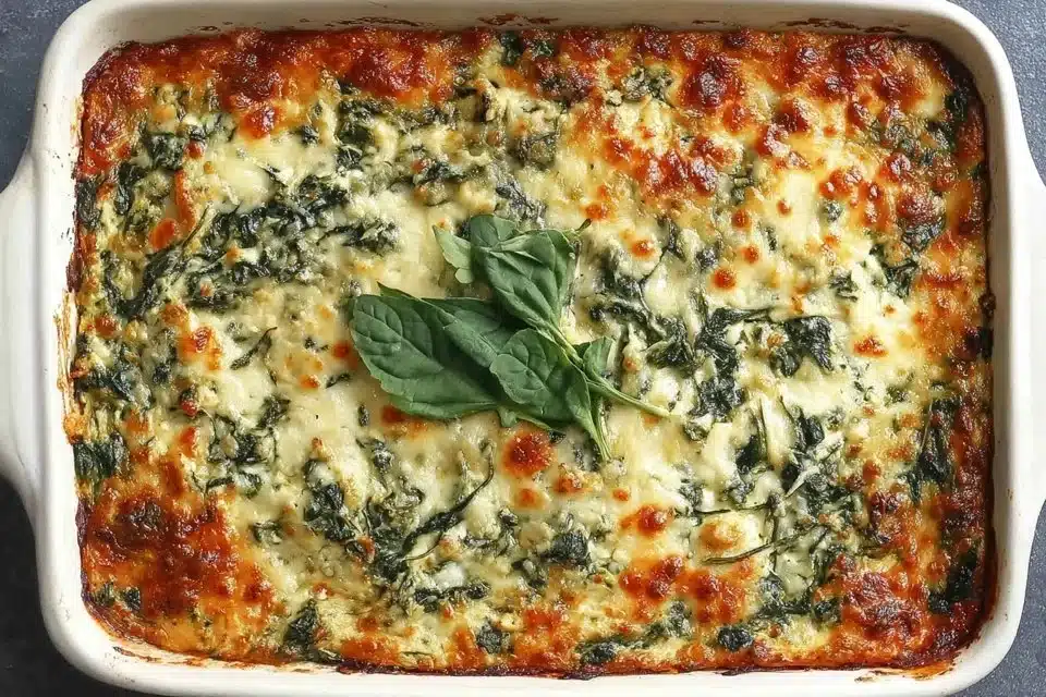 Creamy spinach gratin dish topped with crispy pancetta