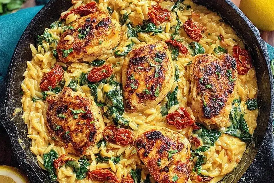 Creamy sun-dried tomato chicken orzo dish garnished with herbs