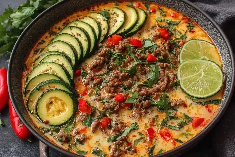 Bowl of creamy Thai beef soup with fresh vegetables and herbs