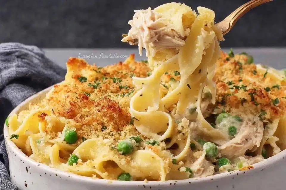 Creamy turkey tetrazzini dish with pasta and mushrooms