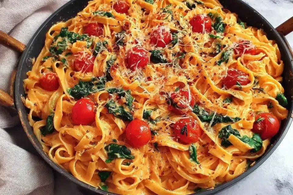 Creamy vegan sun dried tomato pasta served with arugula in a bowl