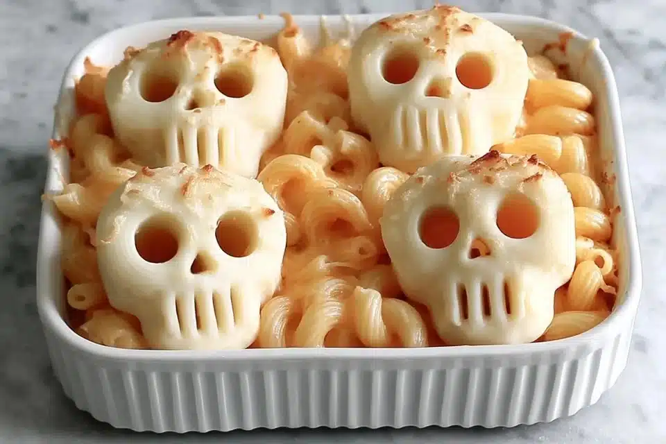 Creepy Ghoul Macaroni and Cheese served in a spooky Halloween setting.