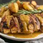Crispy apple cider chicken with roasted butternut squash on a plate