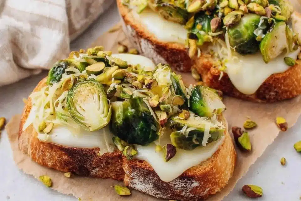Crispy Brussels sprouts crostini topped with white cheddar cheese and hot honey drizzle.