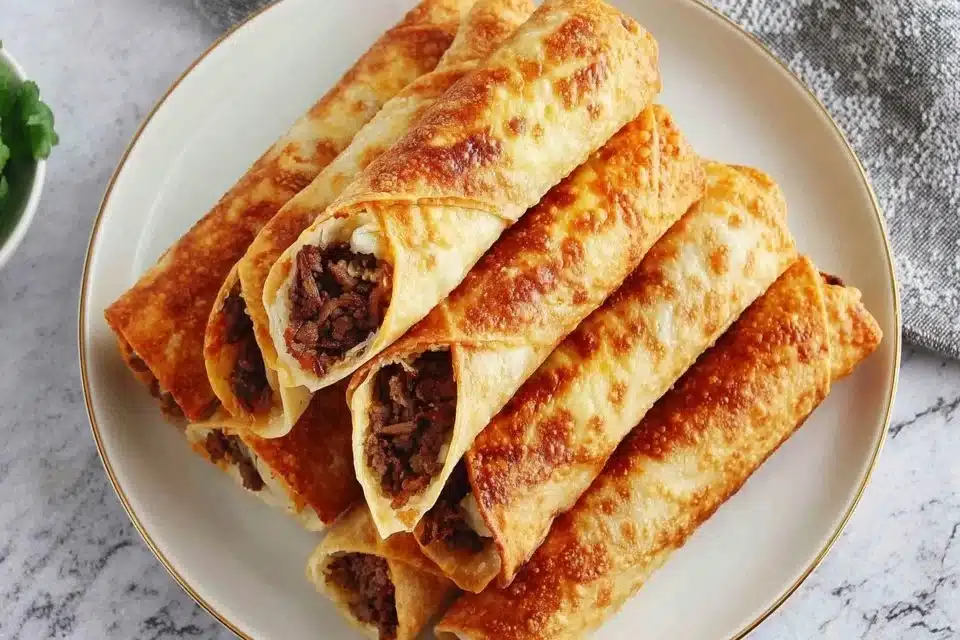 Crispy chipotle chicken flautas served with salsa and guacamole