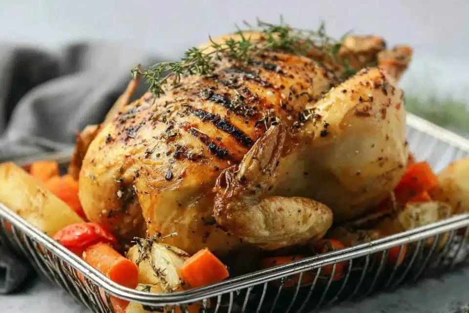 Crispy Greek lemon garlic roast chicken with colorful roasted vegetables