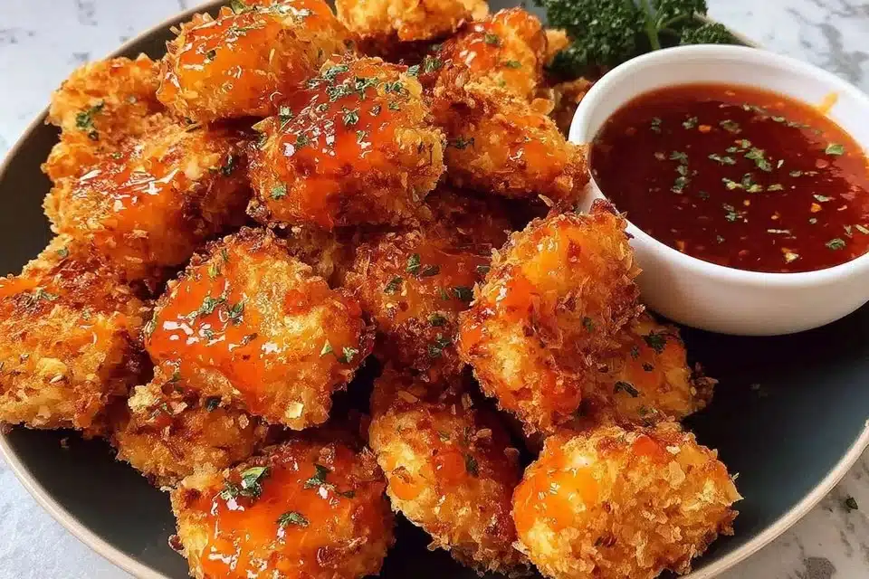 Crispy hot honey chicken nuggets served with dipping sauce