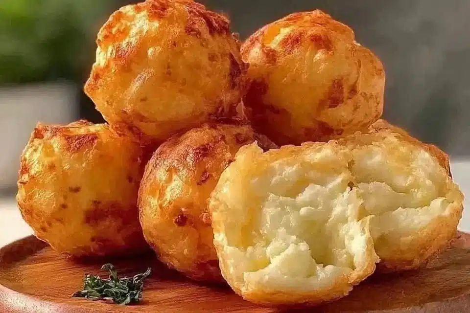 Crispy mashed potato cheese puffs served on a plate.