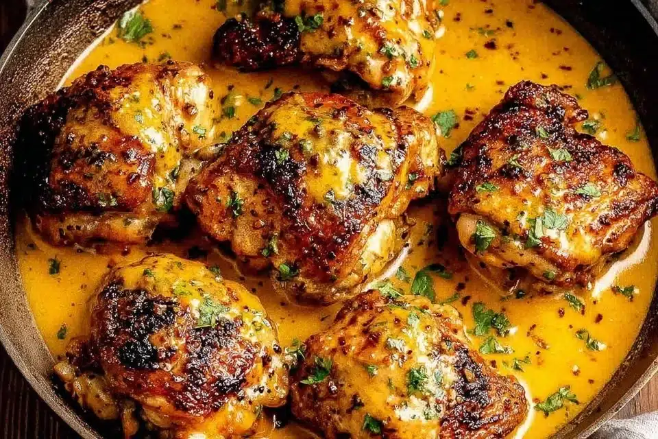 Crispy Nigella Chicken Thighs garnished with herbs on a plate
