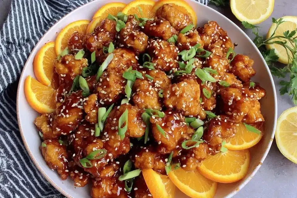 Plate of delicious crispy orange chicken garnished with sesame seeds and green onions.