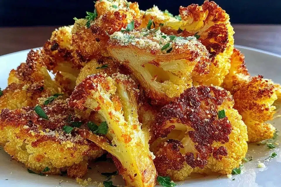 Crispy Parmesan Roasted Cauliflower on a serving plate garnished with herbs
