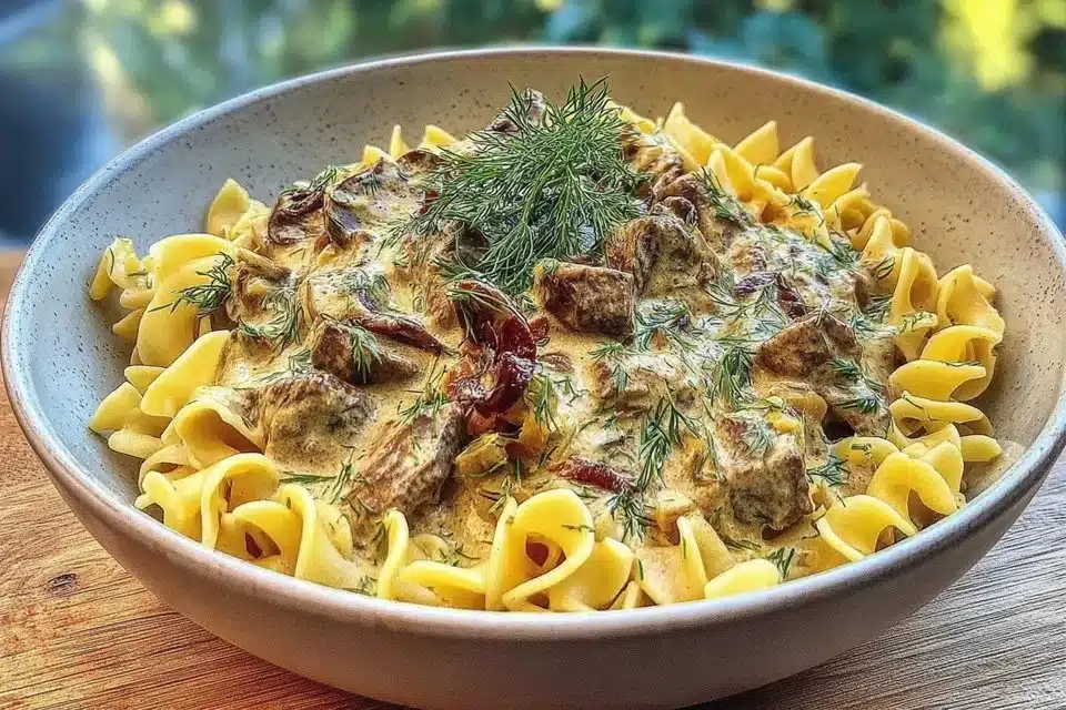 Crock Pot beef stroganoff served in a bowl with pasta and garnish.