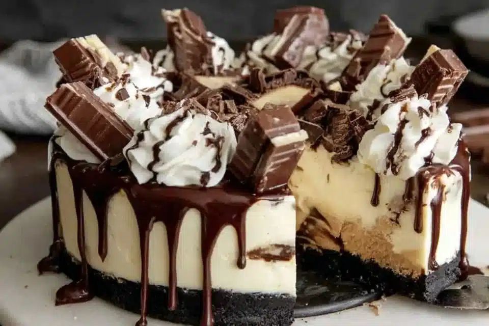 Delicious hot fudge brownie cheesecake served with chocolate drizzle