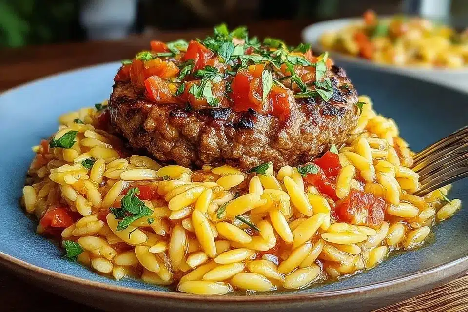 A bowl of delicious ground beef orzo topped with fresh parsley.