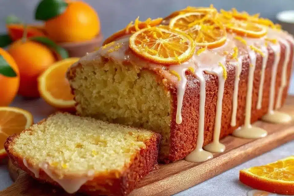 Delicious orange loaf cake topped with fresh orange zest on a rustic wooden table.