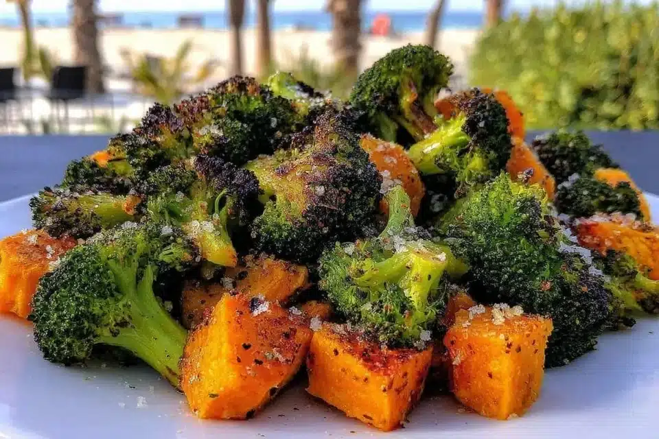 Delicious roasted broccoli and sweet potatoes served on a plate