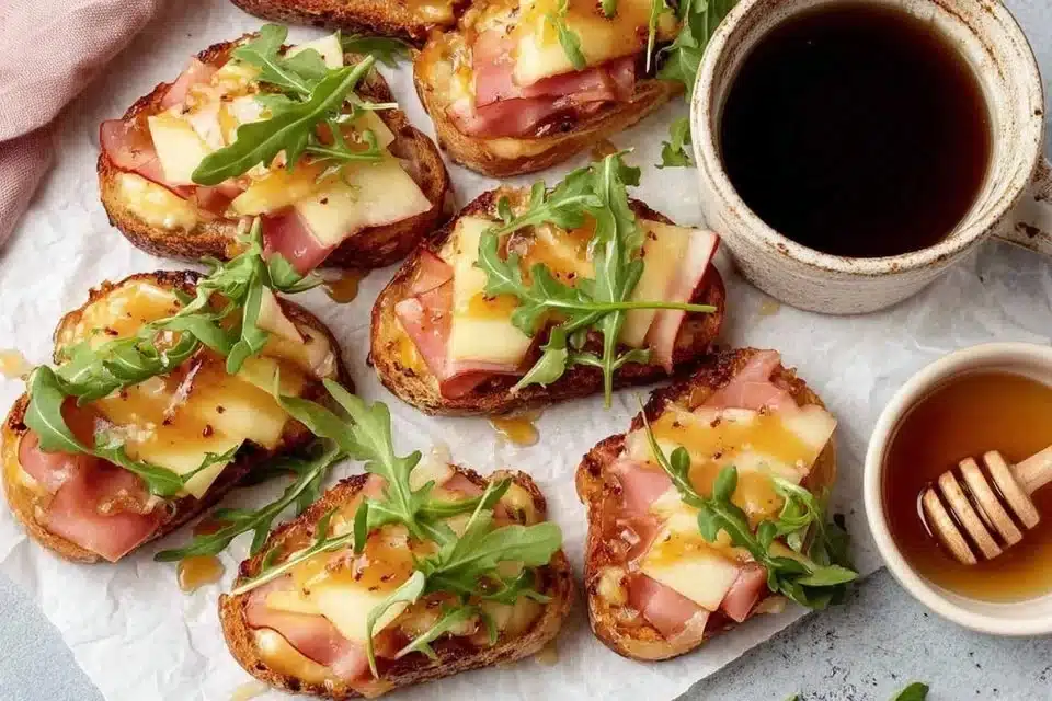 Easy apple brie crostini drizzled with spicy hot honey, served on a platter.