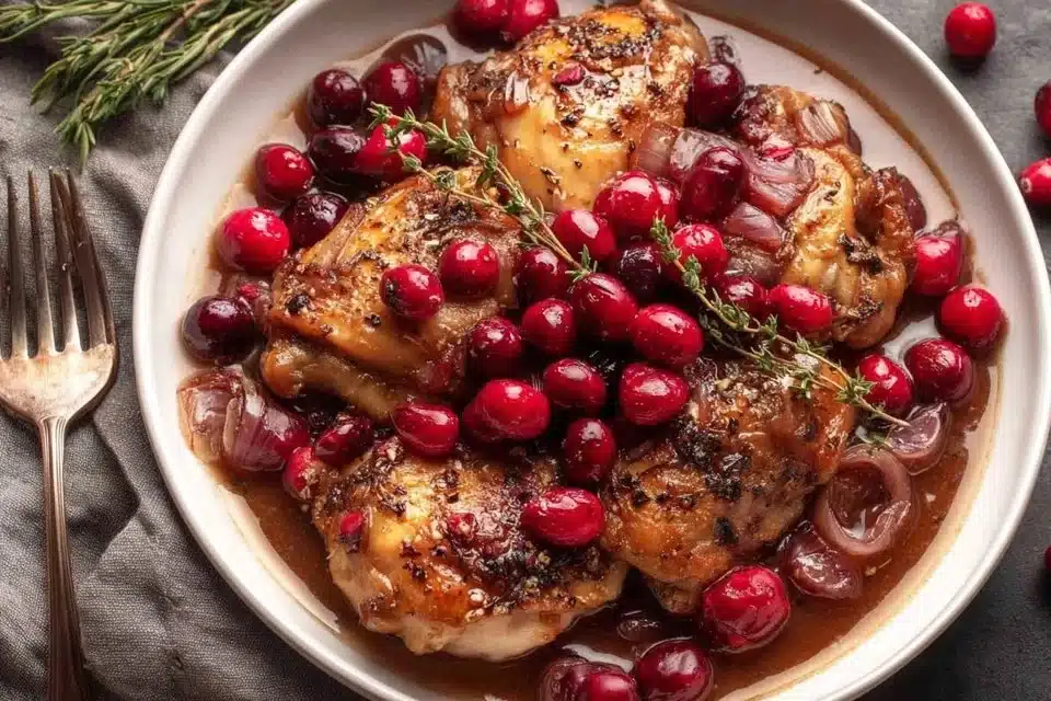 Delicious apple cranberry roasted chicken served on a dinner plate