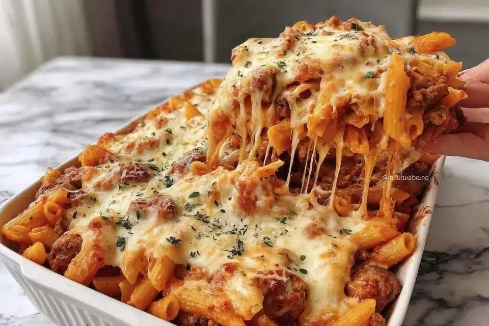 Plate of easy baked rigatoni with Italian sausage and melted mozzarella cheese