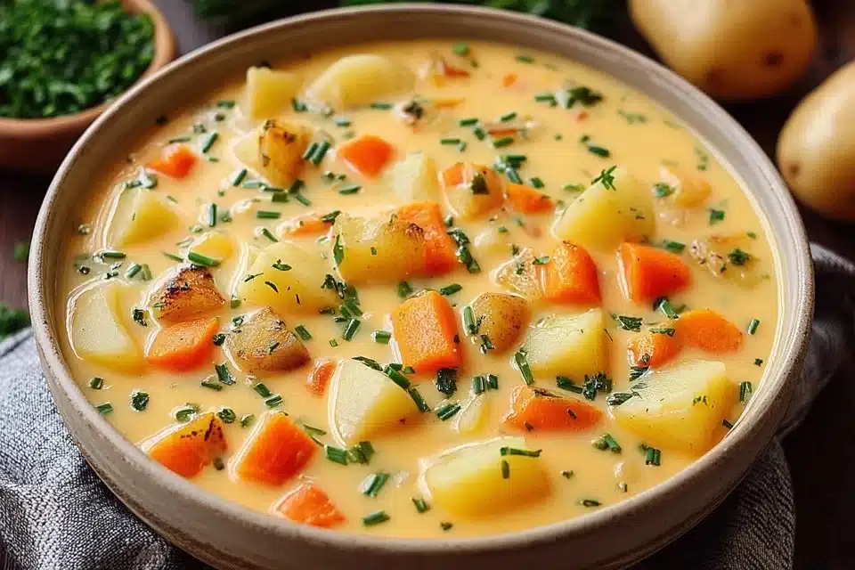 Bowl of easy broth potato soup garnished with herbs
