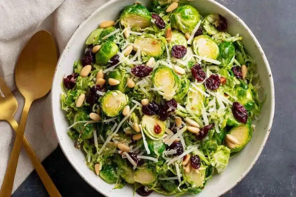 Easy Brussels sprouts salad with spiced maple vinaigrette garnished for flavor