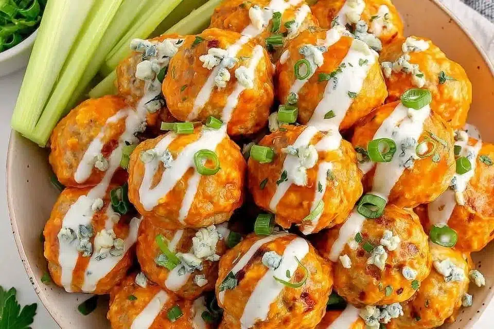 Buffalo chicken meatballs served with bleu cheese dip on a platter.