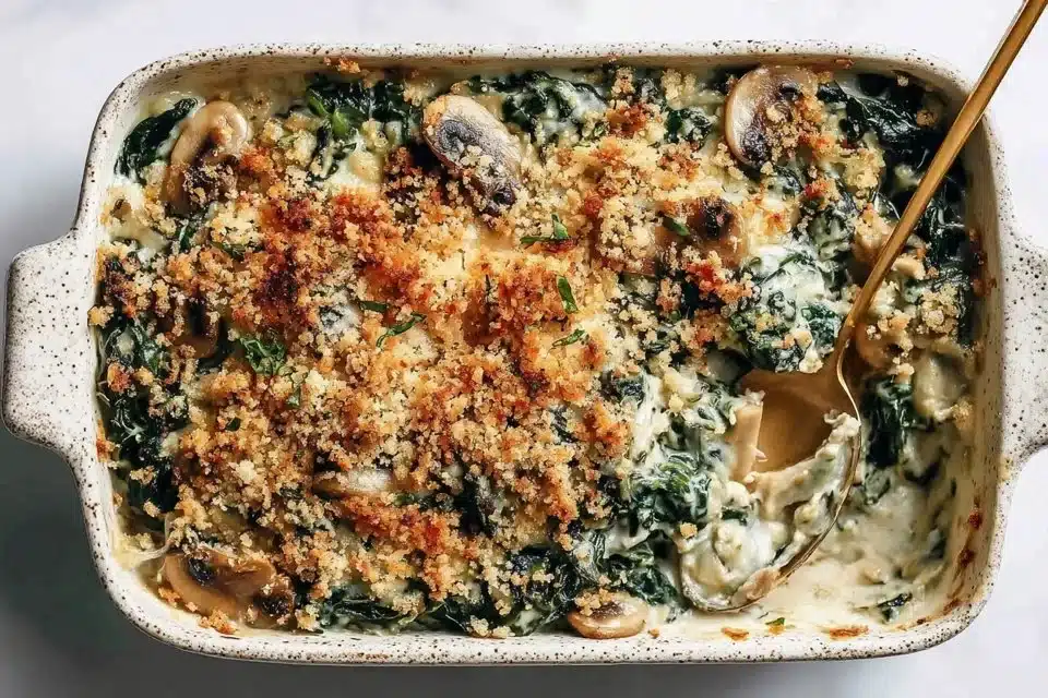 Delicious Easy Cheesy Kale Gratin baked until golden and bubbly