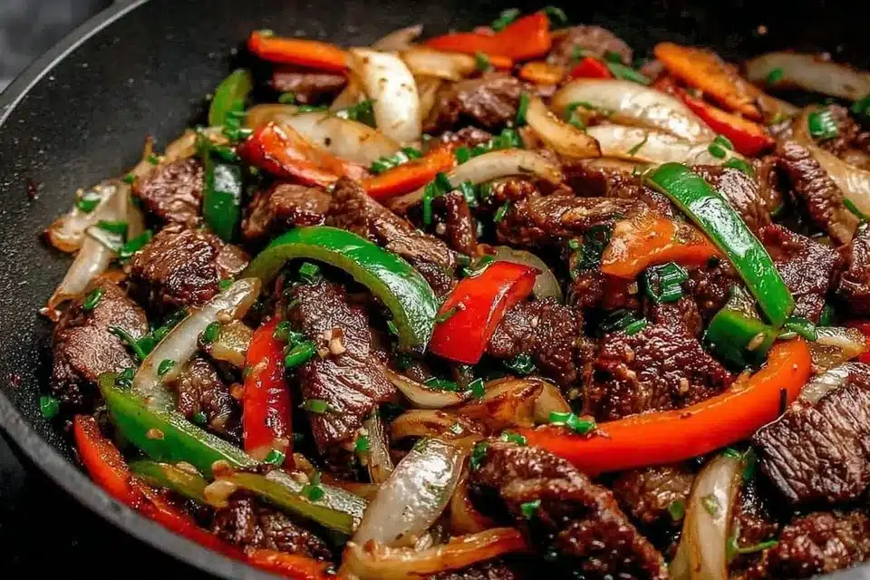 Delicious easy Chinese pepper steak with onions served on a plate