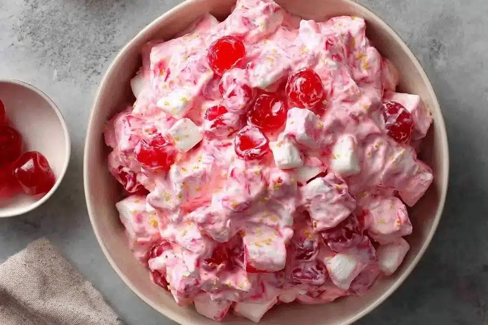 Bowl of easy Cranberry Fluff Salad topped with whipped cream and cranberries.