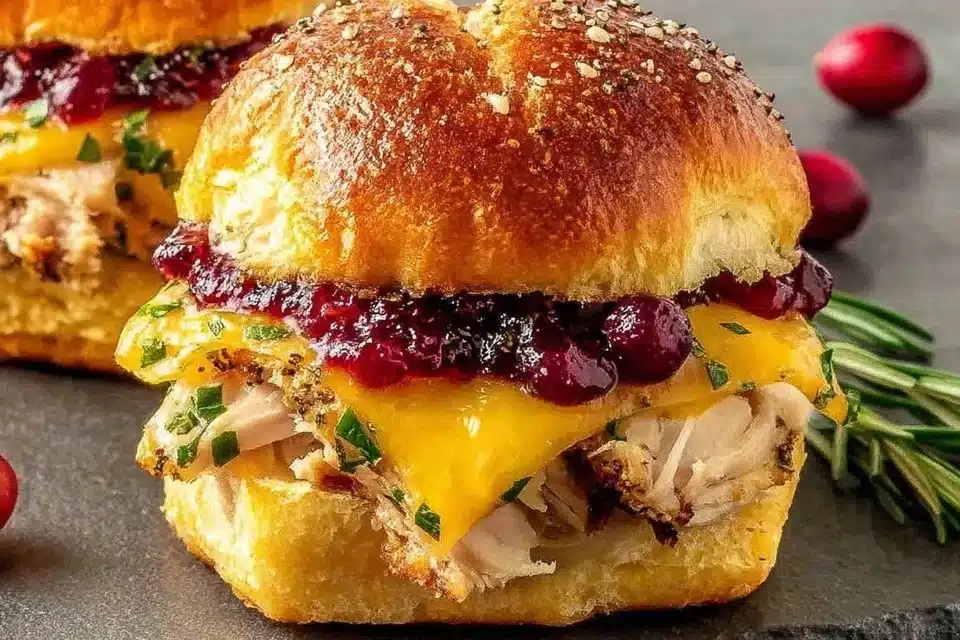 Easy cranberry turkey sliders garnished with fresh herbs