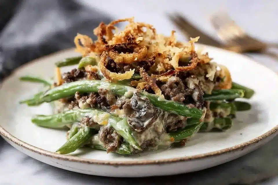 Easy fresh green bean casserole with crispy topping in a baking dish