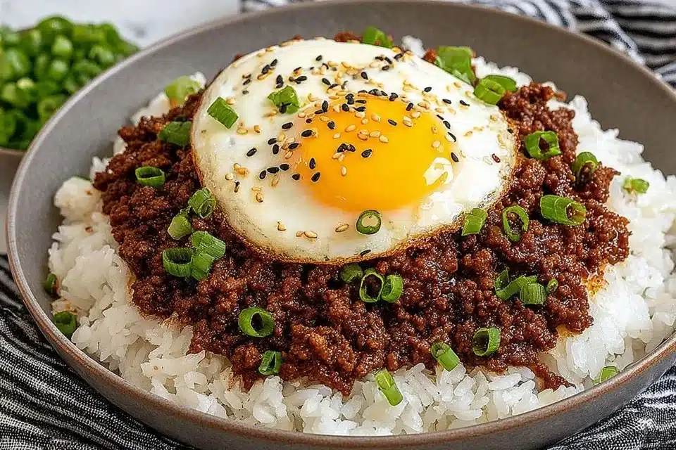 Delicious easy ground beef bulgogi served in a bowl with garnishes