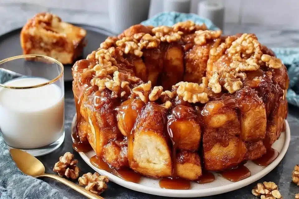 Homemade monkey bread with cinnamon and walnuts on a wooden table.