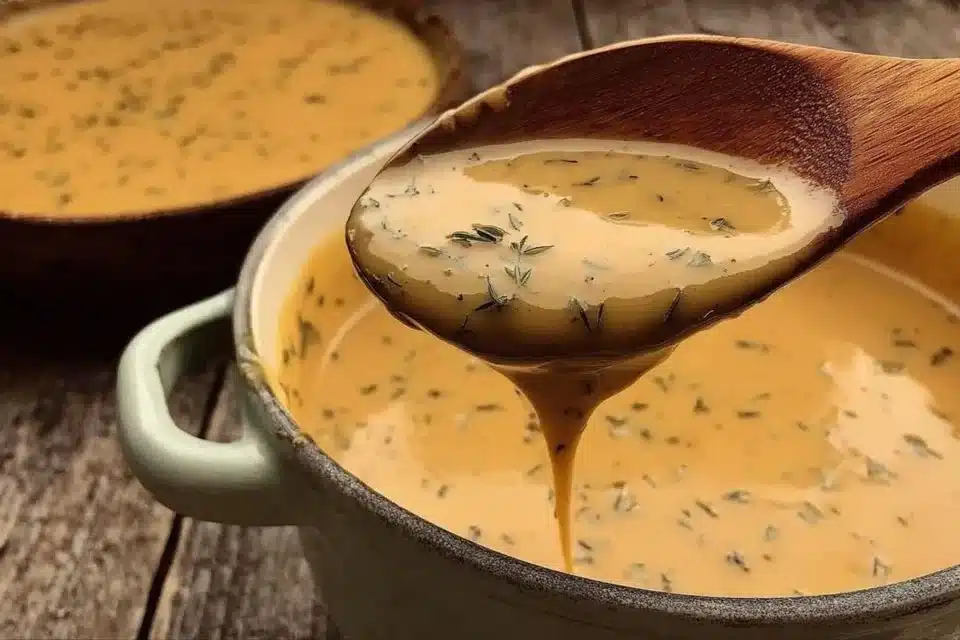 Homemade turkey gravy poured over sliced turkey on a festive plate