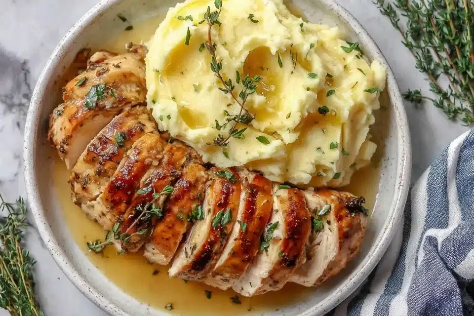 Instant Pot Whole Chicken with crispy skin and gravy served on a plate