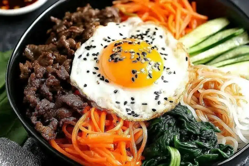 Delicious Easy Korean Beef Bibimbap Bowl with fresh vegetables and spicy sauce