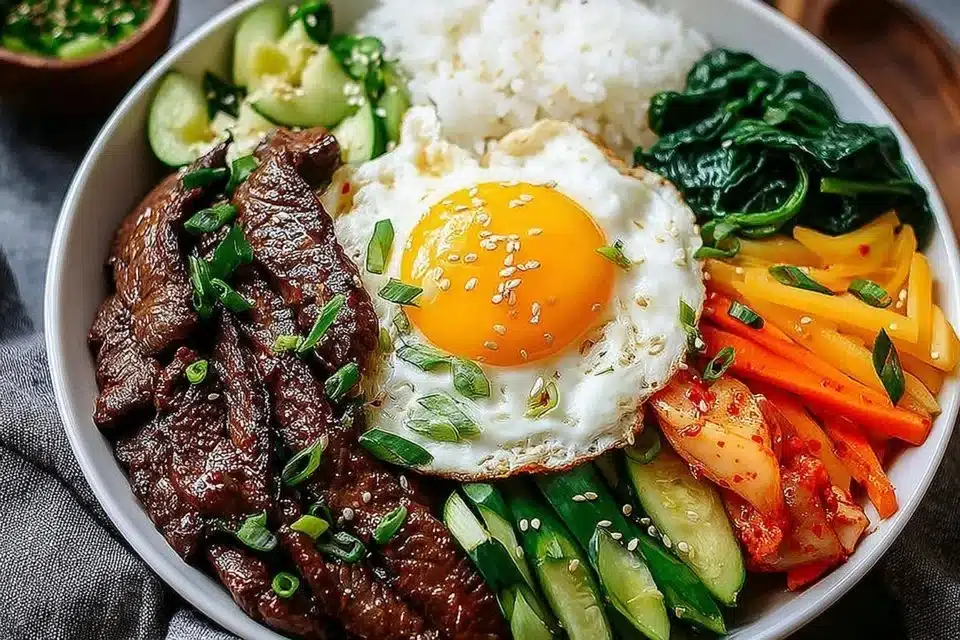 A colorful bowl of easy Korean Bibimbap with vegetables and rice