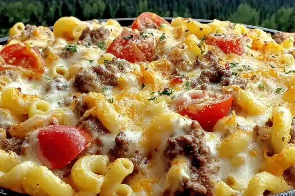 Loaded cheeseburger alfredo pasta dish with toppings and ingredients