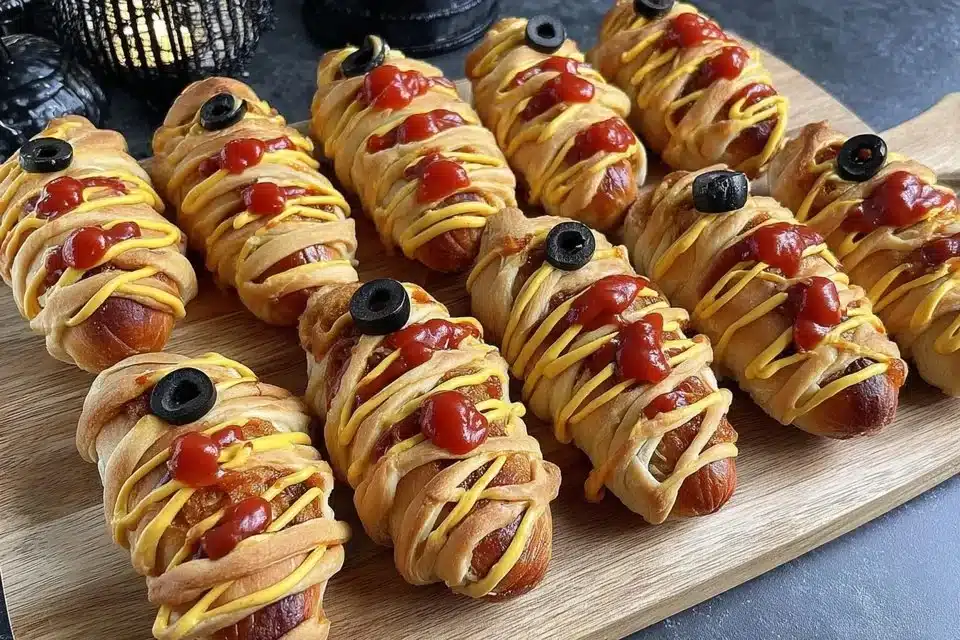 Mummy Hot Dogs wrapped in crescent dough for Halloween