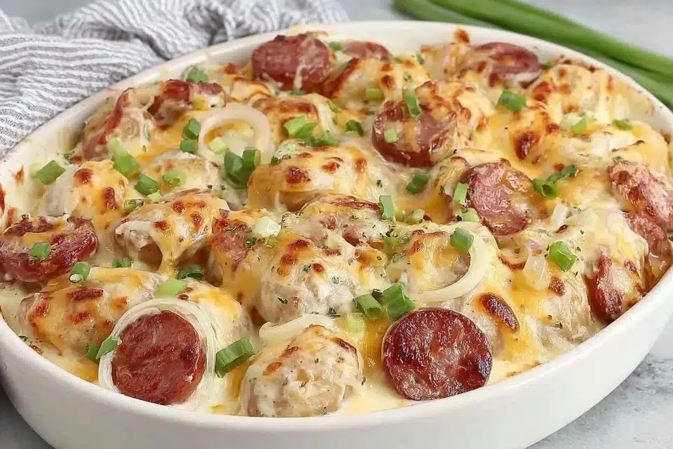 Easy pierogi casserole with sausage baked to perfection