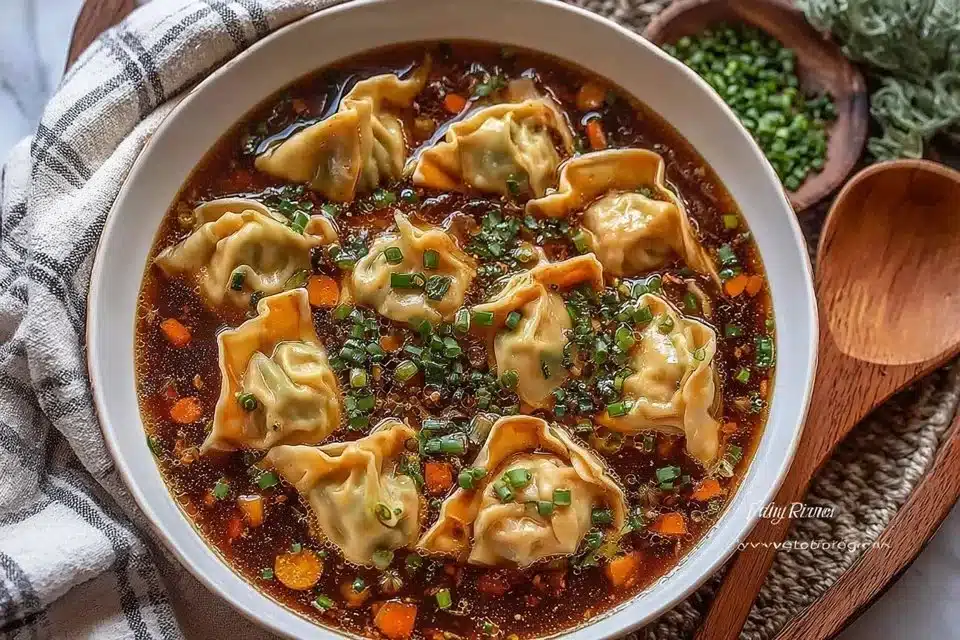 Bowl of Easy Potsticker Soup with dumplings and vegetables