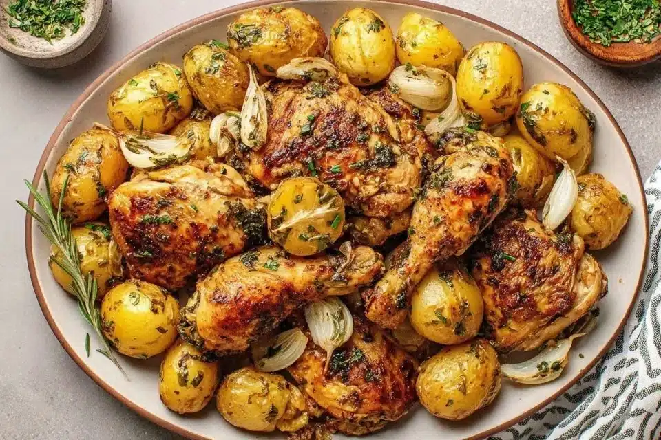 Easy roast chicken with potatoes and leeks served on a plate
