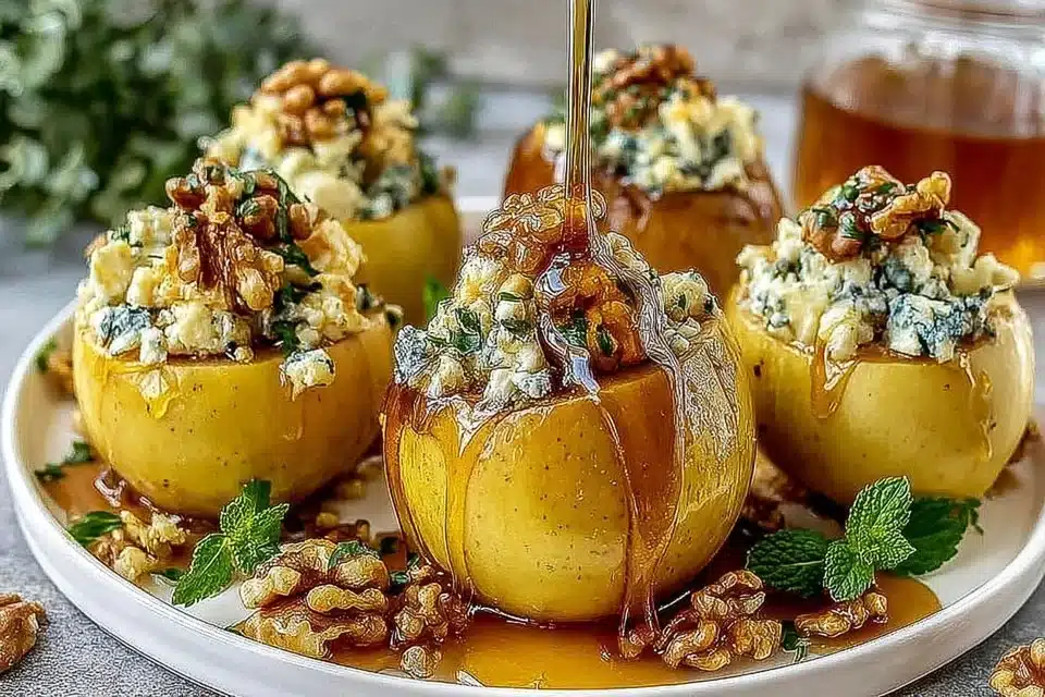 Easy roasted pears topped with blue cheese, walnuts, and honey, served on a plate.