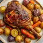 Easy roasted turkey legs served with fresh vegetables