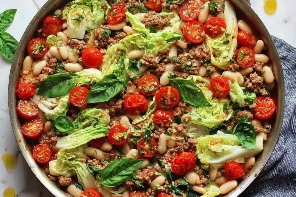 Easy sausage cabbage skillet with white beans served in a cast iron pan