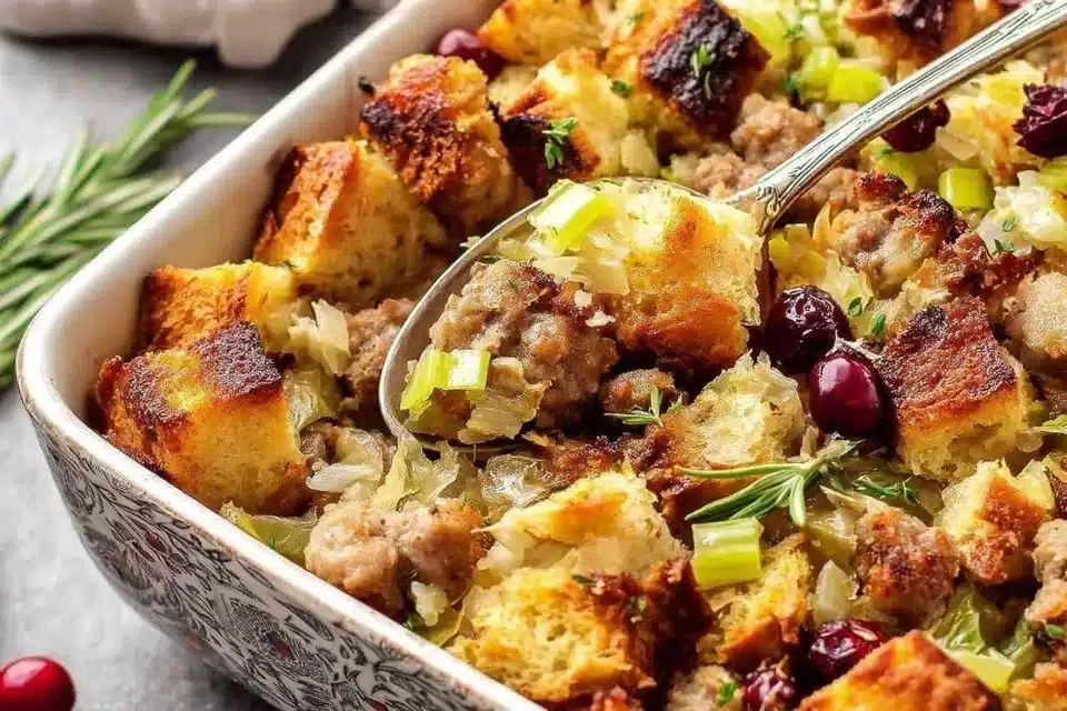 Delicious easy sausage stuffing with fresh herbs and cranberries served in a bowl